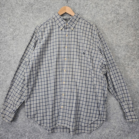 Vintage Plaid Blue‎ Shirt Mens Big 1X RALPH LAUREN Tartan Classic Ivy Prep